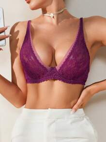 Women's Elegant Burgundy Lace Crop Bra With Slight Stretch And Contrast Detail - Burgundy - View 2