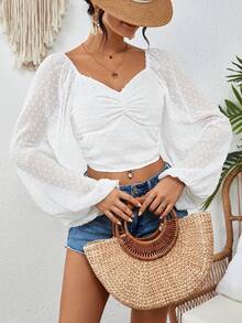 SHEIN VCAY 女式甜心領口荷葉邊燈籠袖上衣 - 白色 - 查看 3