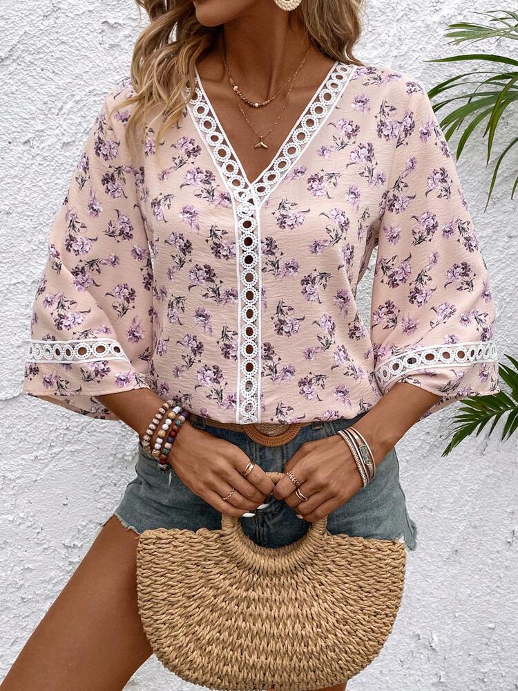 Women Floral Lace Patchwork Summer Blouse, For Vacation