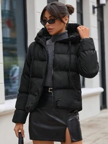 EURMUSE Drop Shoulder Drawstring Hooded Puffer Coat - Black - View 3