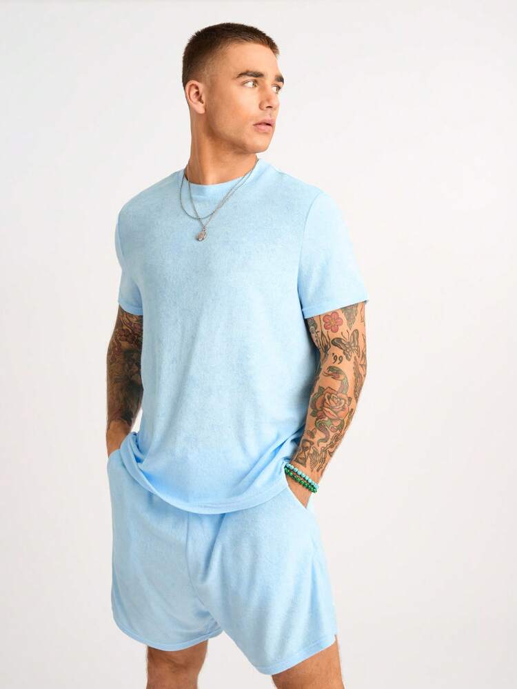 Men's Towel Casual Blue Short-Sleeved T-Shirt Shorts Two-Piece Set