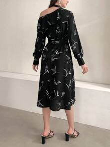 Modelyn 女式不对称领口植物印花长袖连衣裙长款女装 - 黑色 - 查看 2