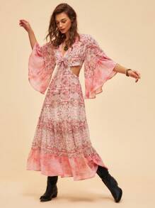 Bohemela 復古風中空腰部印花扇形袖度假裙