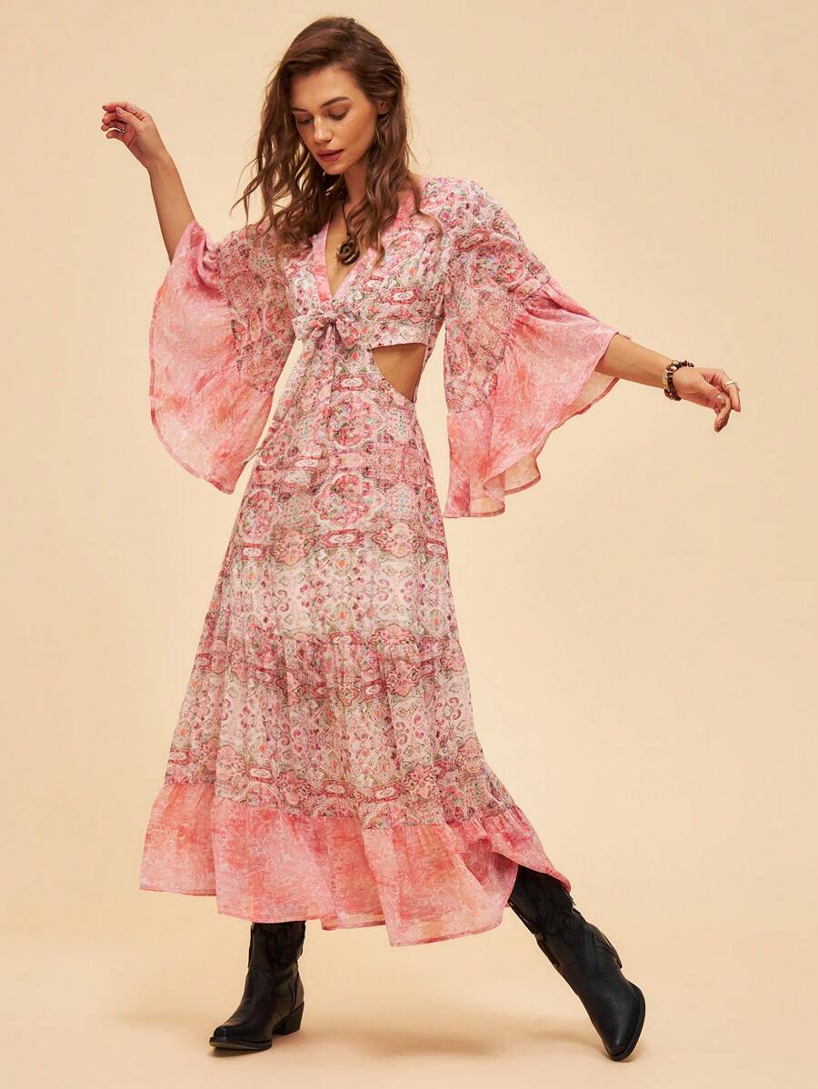 Bohemela 復古風中空腰部印花扇形袖度假裙