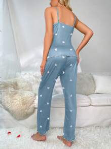 SweetSlumber Conjunto de pijama con camiseta de tirantes con estampado de corazón y encaje y pantalón largo para mujer - Azul - Ver 2