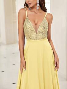 SHEIN Belle Khối màu Dây đai mỏng Đầm - Màu vàng - Xem 4