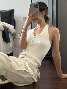 Livesso 纯色修身吊带针织上衣 夏季 - 白色 - 查看 1