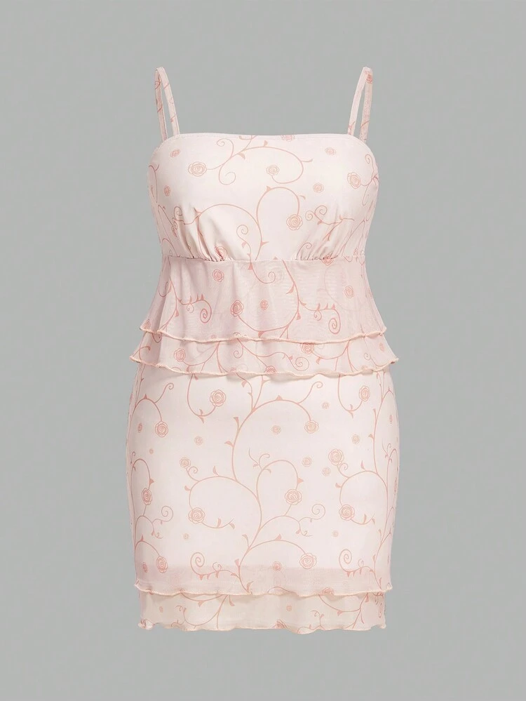 Plus Size Floral Mesh Cami Top And Pleated Skirt Set, Girly And Soft