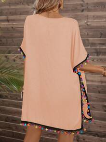 SHEIN LUNE 女式拼接毛球蝙蝠袖防曬裙 - 藕粉色 - 查看 2