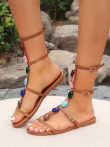 Women's New Summer Elegant And Comfortable Buckle Strap Multicolor Pearl Beach Vacation Style Flat Sandals