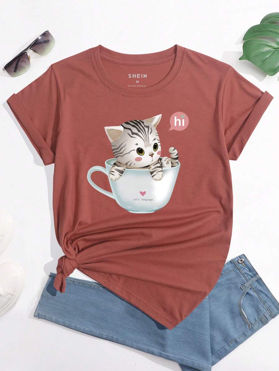 SHEIN EZwear Cartoon Cat Print Round Neck T-Shirt - Brown - View 1