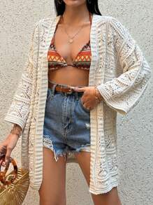 EURMUSE Women Kimono With Open Knit Fringes, Beach Outfit Summer - Beige - View 5