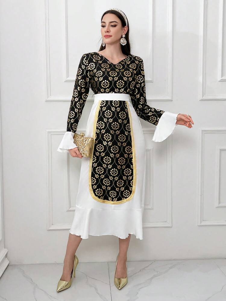 Women's Gold Foil Floral Print Bell Sleeve Dress