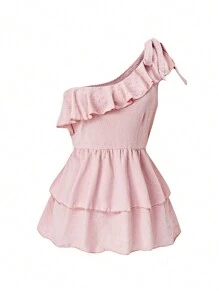 Calvaya Plus Size Solid Color Asymmetrical Collar Ruffle Hem Top - Pink - View 1