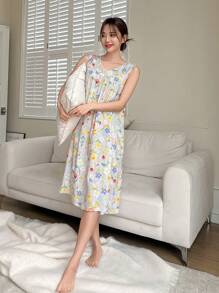 DAZY 女士花卉印花无袖睡袍睡衣，Moo Moo 睡裙 - 淺灰色 - 查看 5