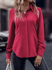 SHEIN Clasi 弧形下擺暗扣襯衫 - 玫紅色 - 查看 6