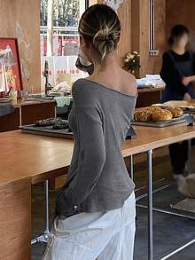 DAZY Màu thuần Xu hướng: Cắt giảm Vòng cổ Tay áo dài Áo len - Xám - Xem 5