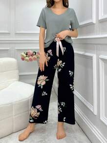 纯色圆领上衣和花朵印花裤睡衣套装，舒适优雅，适合秋季 - 彩色 - 查看 4