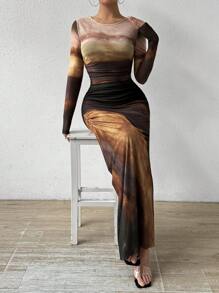 Chiquease Đầm lưới bó sát xếp ly nhuộm loang Maxi dành cho nữ - Màu Khaki - Xem 5