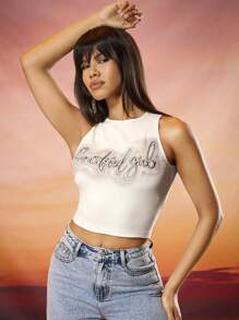 SHEIN BAE Chữ in phun màu cà vạt in chữ bó sát cho mùa hè, in chữ tiếng Anh đơn giản với trang trí kim cương giả, thích hợp cho trang phục thường ngày và hàng ngày, dễ phối đồ, hoàn hảo cho mùa hè - trắng - Xem 4