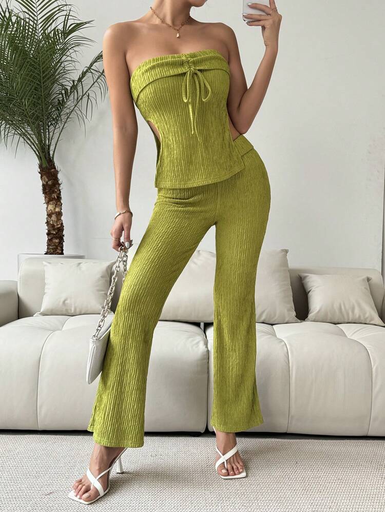 Solid Color Tube Top And Flared Pants Two Pieces Set