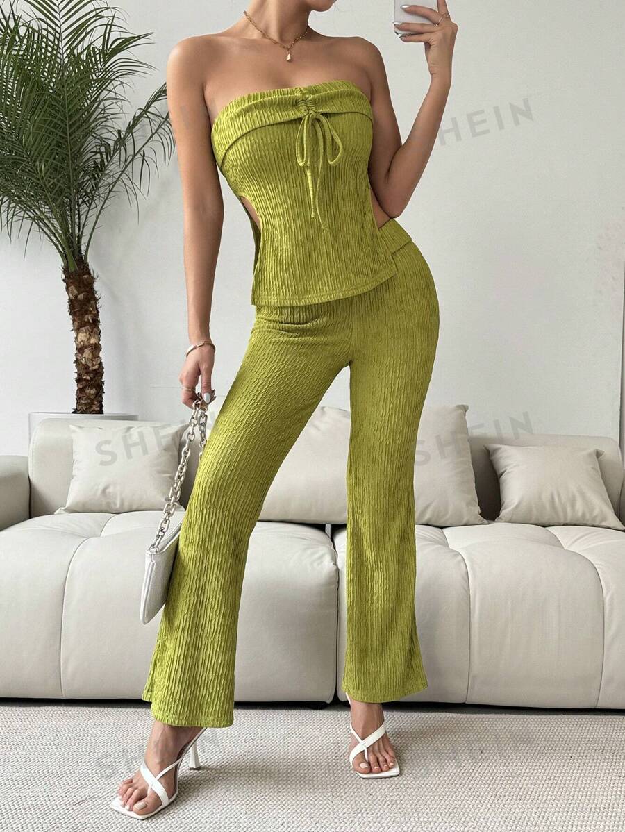Zolique Conjunto de dos piezas de top tubo y pantalones acampanados de unicolor - Verde - Ver 1