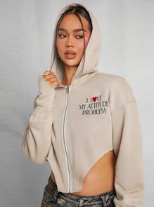 SHEIN Unity sweat-shirt à capuche asymétrique à manches longues à épaules tombantes avec slogan brodé pour femmes - Kaki - Voir 7