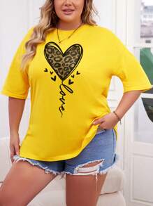 INAWLY 大码豹纹印花心形和字母印花落肩夏季 T 恤，图案猎豹印花 T 恤，女式上衣 - 黃色 - 查看 5