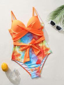 SHEIN Swim Bộ đồ tắm một mảnh đi biển mùa hè nhuộm màu có dây buộc dành cho nữ - Nhiều màu - Xem 2