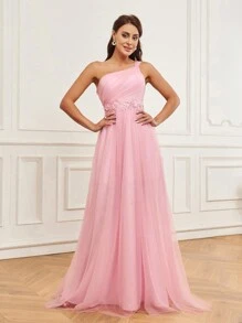 SHEIN Belle Women's Baby Pink Mesh Three-Dimensional Flower One-Shoulder High Waist A-Line High Slit Extra Long Tail Elegant Formal Prom Spring Wedding Dress - Baby Pink - View 6