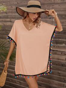 SHEIN LUNE 女式拼接毛球蝙蝠袖防曬裙 - 藕粉色 - 查看 1