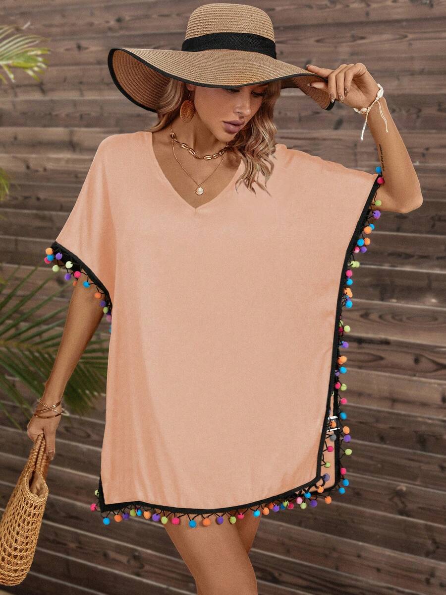 SHEIN LUNE 女式拼接毛球蝙蝠袖防曬裙 - 藕粉色 - 查看 1