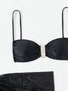 SHEIN Swim 女士纯色褶皱两件套比基尼套装夏季海滩 - 黑色 - 查看 4