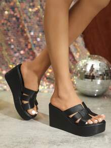 Giày sandal đế xuồng cao gót cho nữ, mẫu mới mùa xuân/hè, đế dày, kiểu retro màu đen, giày lười ngoài trời, giày thời trang cỡ lớn, phụ kiện du lịch thiết yếu. - màu đen - Xem 4