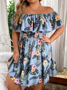 SHEIN Holidaya 大码波西米亚风热带印花露肩连衣裙，适合夏季 - 藍色 - 查看 3