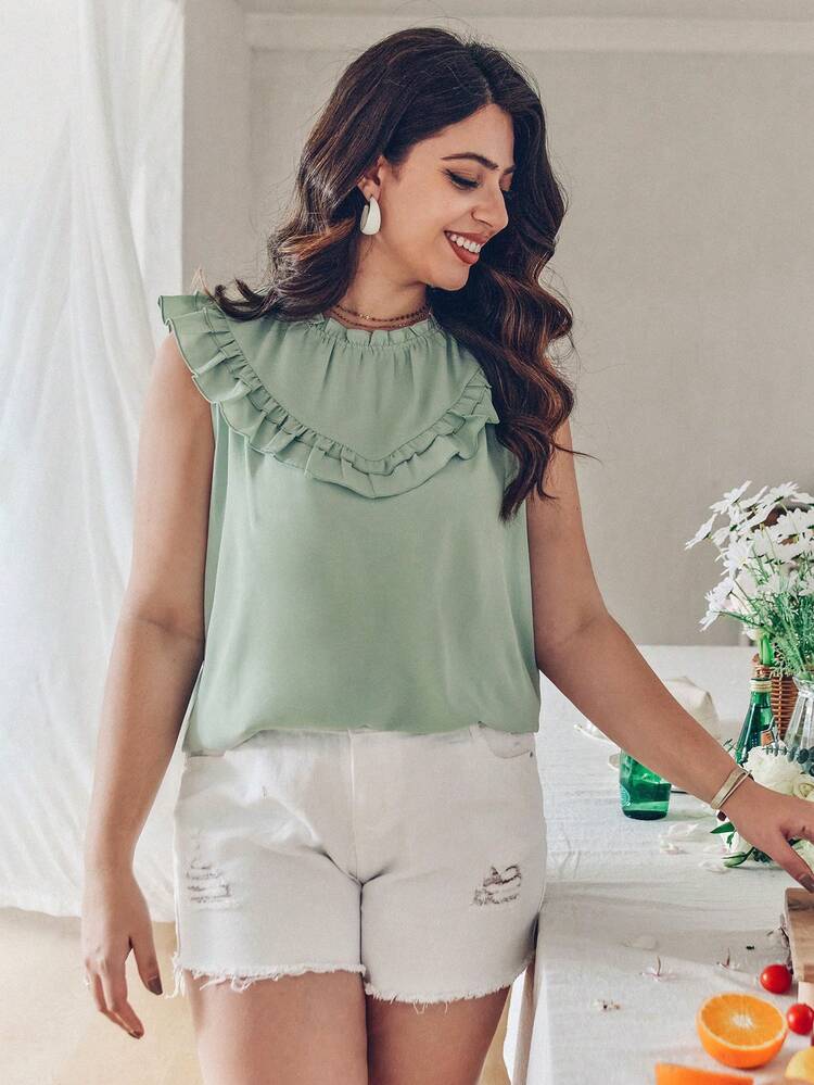 Plus Size Women's Round Neck Blouse With Frill Hem