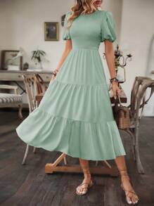 Breezaya Của phụ nữ Màu thuần Ống tay áo Váy quấn - Màu xanh Bạc hà - Xem 4