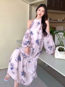 DAZY Tie Dye Open Shoulder Loose Fit Casual Dress Sundress,Fall Clothes Long Sleeve Dress Vacation Outfits Women Boho - Beige - View 7