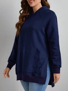 SHEIN LUNE 女款純色連帽開叉下擺運動衫 - 藏蓝色 - 查看 3