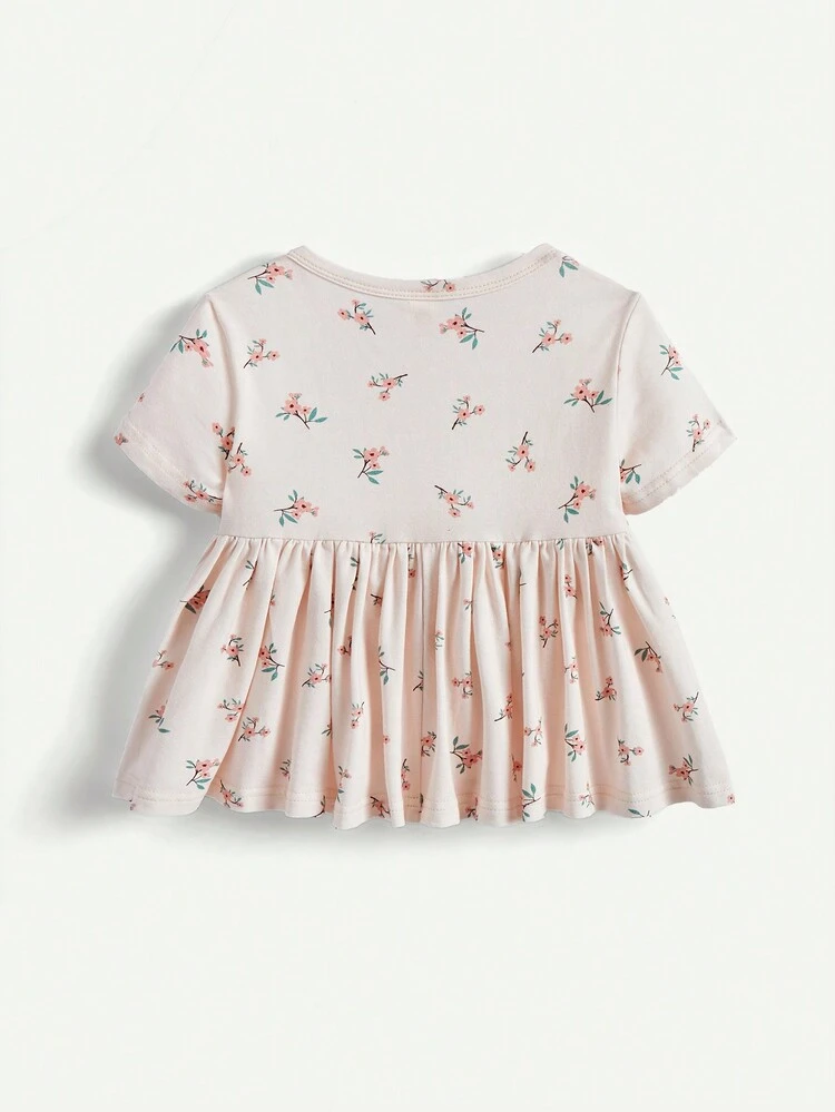 Baby Girl Floral Pattern Round Neck Short Sleeve Shirt With Cinching Waist And Pants Two Pieces Set