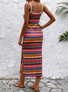 Breezaya Vestido Estilo Cami De Rayas Con Bloques De Color Y Abertura En El Muslo, Para Playa En Verano - Multicolor - Ver 2