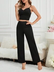 Comfortable Pajama Set With Patchwork Lace And 3d Floral Embellishments - Black - View 5
