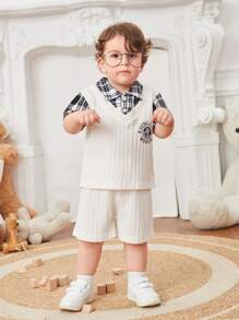 Baby Boys' Summer New Arrival 2 In 1 Plaid Shirt Shorts Set, 2pcs - Beige - View 1