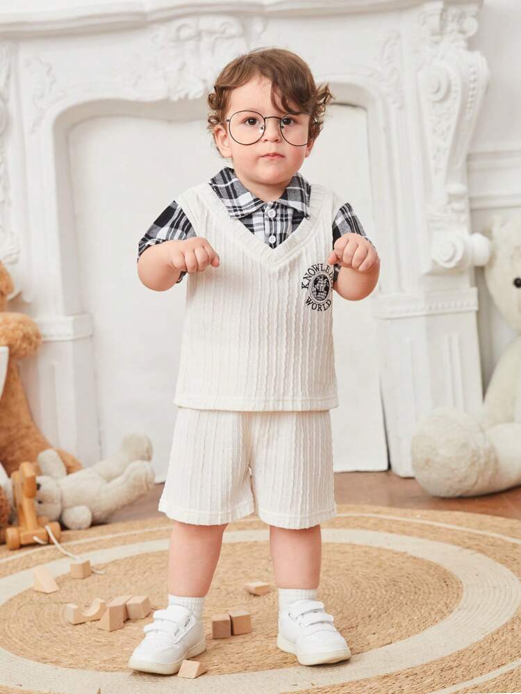 Baby Boys' Summer New Arrival 2 In 1 Plaid Shirt Shorts Set, 2pcs