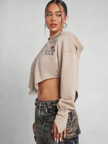SHEIN Unity sweat-shirt à capuche asymétrique à manches longues à épaules tombantes avec slogan brodé pour femmes - Kaki - Voir 5