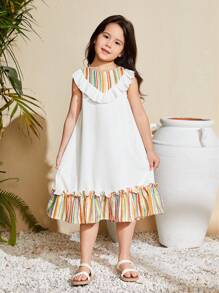 SHEIN Vestido Casual Solto De Férias Para Jovem Menina Com Gola Redonda Tecido Listrado Em Patchwork E Detalhes De Babado