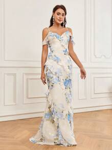 SHEIN Belle 浪漫雪紡露肩花卉印花層疊荷葉邊人魚晚會禮服 - 彩色 - 查看 5