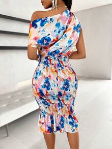 AIJ Amarilo Women's Elegant Commuter Style All-Over Print Asymmetric Neckline Ruched Shoulder Ruffle Hem Fitted Dress (Random Print) - Blue - View 2
