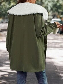 SHEIN LUNE Hơn Cổ áo Borg Túi Kép Thả vai Lót Teddy Áo khoác vải nhung - xanh quân đội - Xem 2