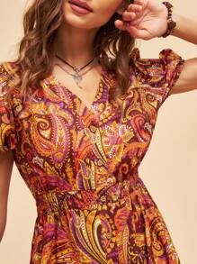 Bohemela 女士假期風格短袖泡泡袖洋裝，印有波斯花紋 - 銅色 - 查看 3